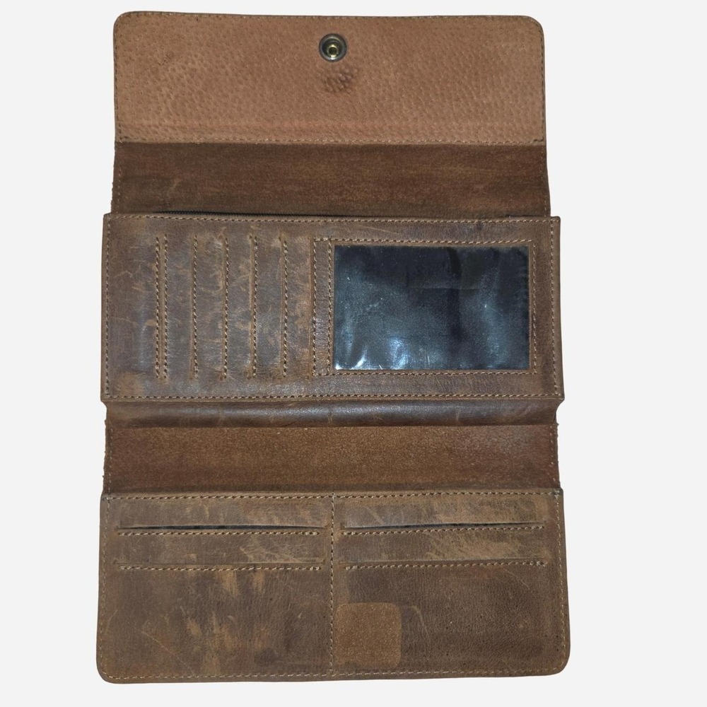 Hearth & Hand Brown Leather Distressed Trifold Clutch Wallet Boho Snap Closure - Picture 3 of 4